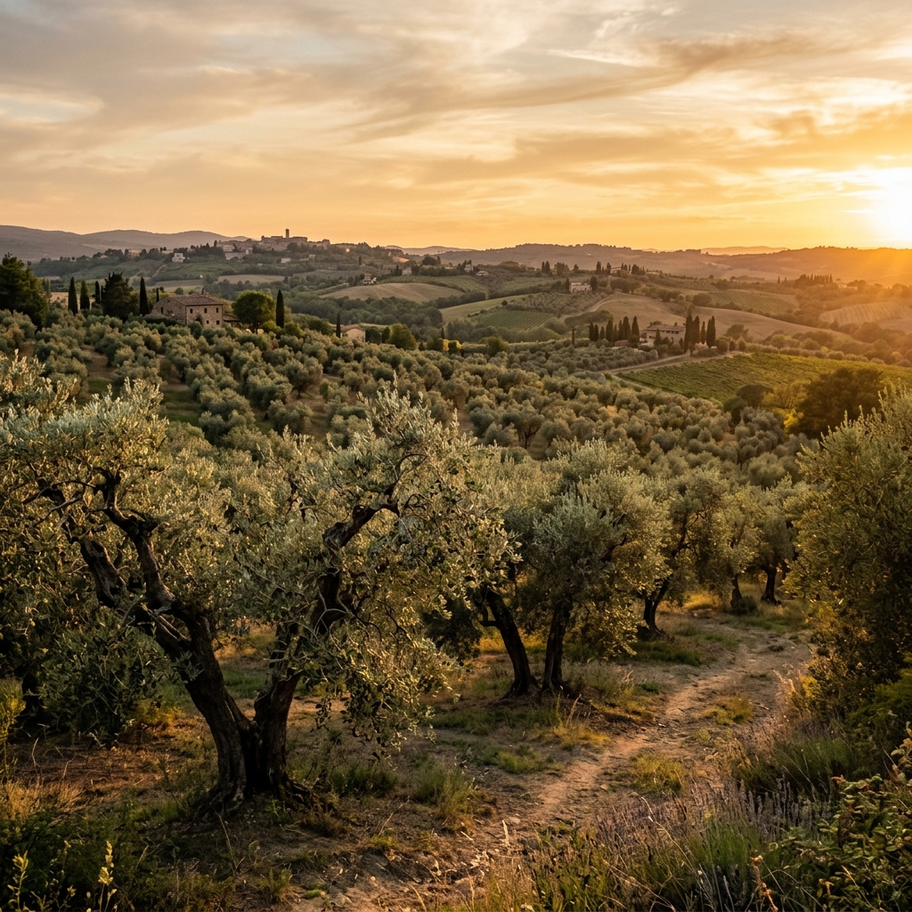 Olio extra vergine d'oliva Tavola dei Santi — panorama oliveto italiano